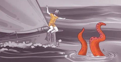 Illustration of a person in a vintage swimsuit and goggles diving off a boat with a stylized sea monster's tentacles emerging from the water nearby.