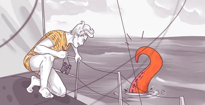 An illustrated image of a person fishing on a boat with a surprised expression, looking at a large red question mark on the hook instead of a fish.