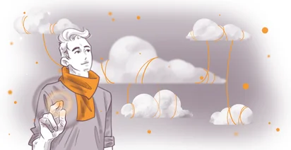 An illustration of a person with a contemplative expression looking away, with hand raised, amidst stylized clouds and abstract orange accents, suggesting a dream-like or thoughtful mood.