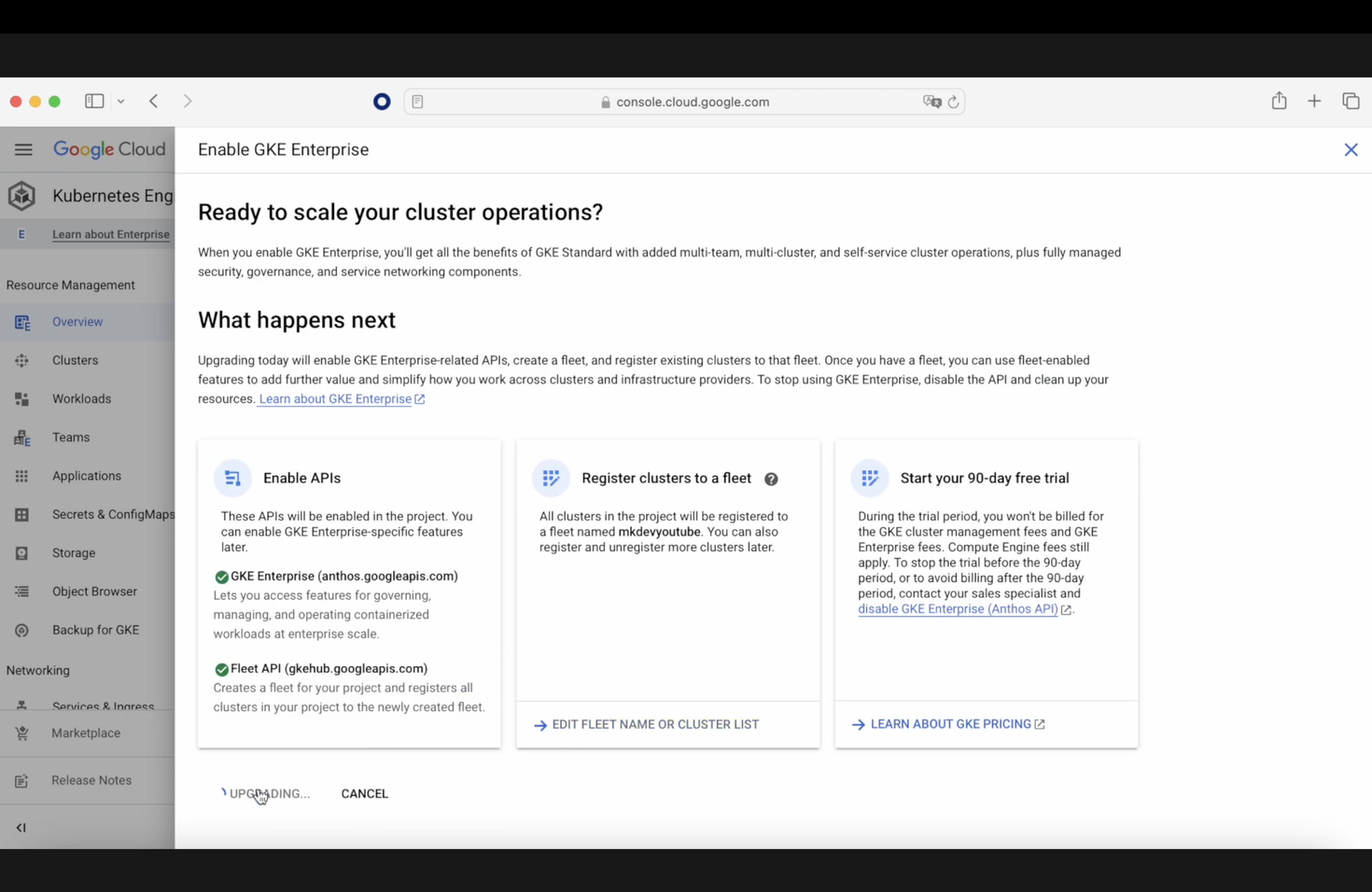 Screenshot of Google Cloud console showing a page to enable GKE Enterprise with sections on 'What happens next', 'Enable APIs', 'Register clusters to a fleet', and 'Start your 90-day free trial'.