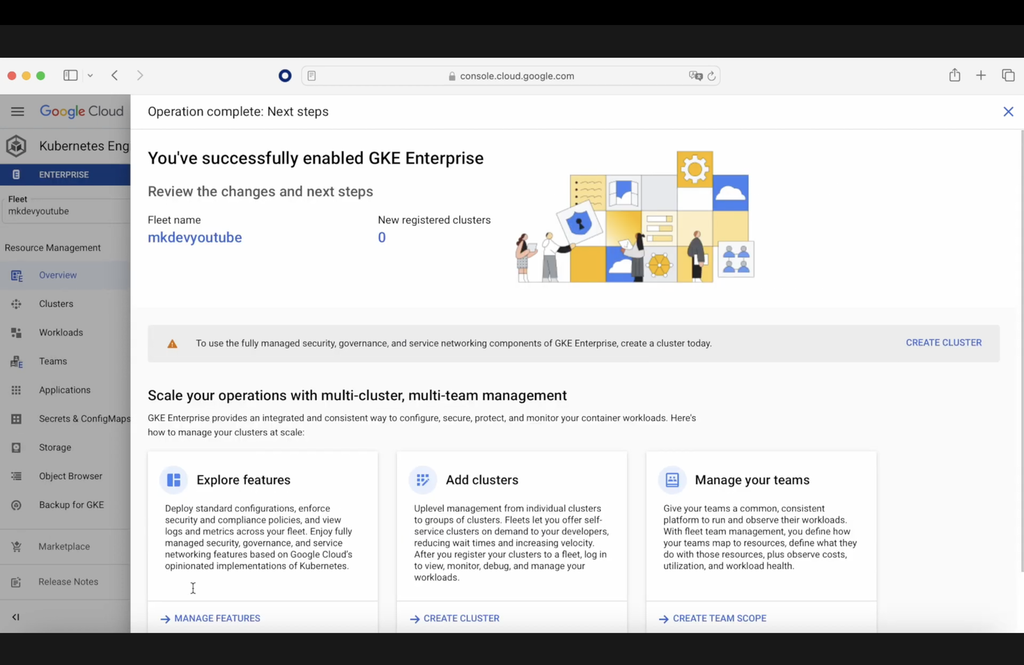 A screenshot of Google Cloud's Kubernetes Engine interface showing a message for successfully enabling GKE Enterprise, with options to explore features, add clusters, and manage teams.
