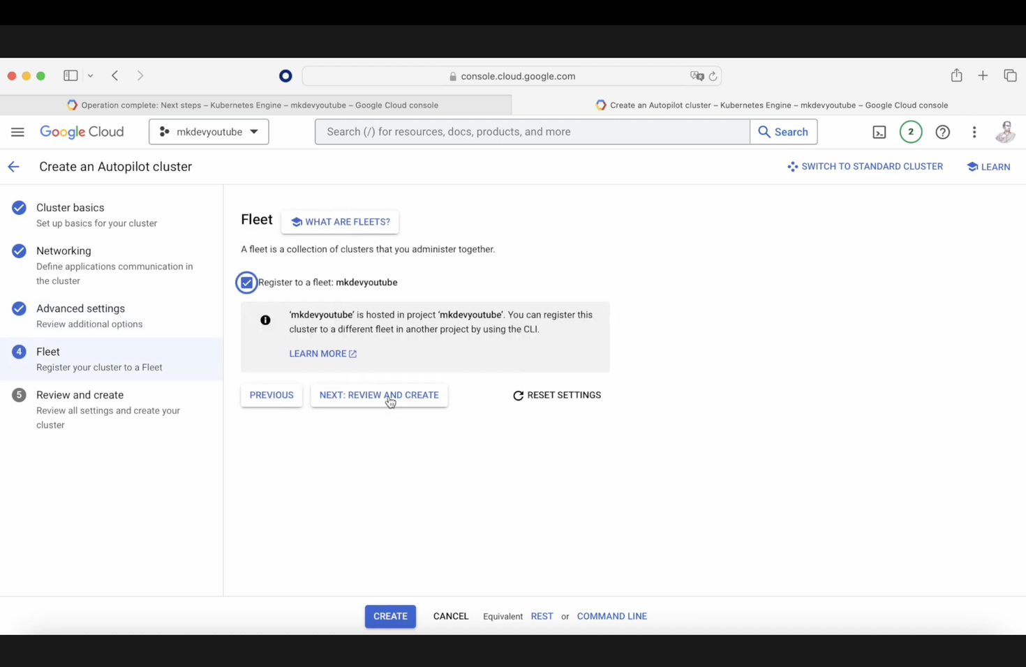 Screenshot of Google Cloud console showing the process of creating an Autopilot cluster, with options for cluster basics, networking, advanced settings, fleet management, and reviewing settings before creation.