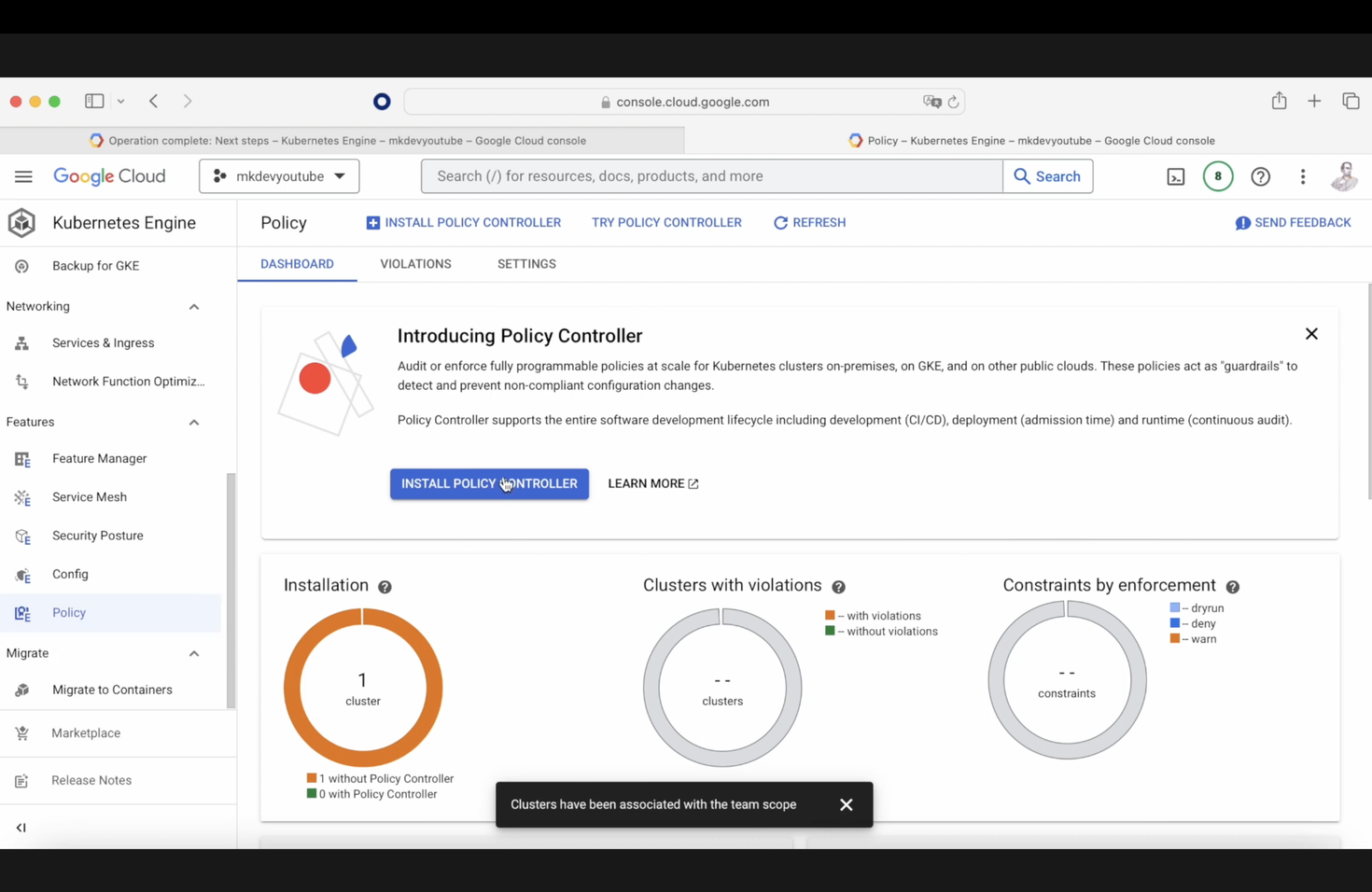 Screenshot of Google Cloud console displaying the Kubernetes Engine Policy page, with options for installing the Policy Controller, and charts showing cluster compliance status.