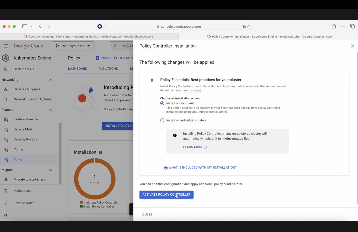 Screenshot of Google Cloud console showing Policy Controller Installation dialog with options for applying best practices to a cluster.