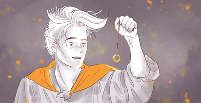 Illustration of an elf-like character with pointed ears and white hair, holding a glowing ring on a chain, with a backdrop of sparkles and a purple gradient.