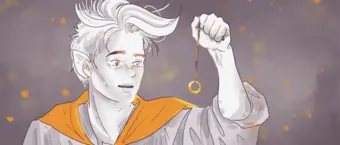 An illustrated character with pointed ears and white hair, wearing an orange and gray outfit, holding a glowing ring on a chain, with a mesmerized expression, against a gray background with floating golden specks.