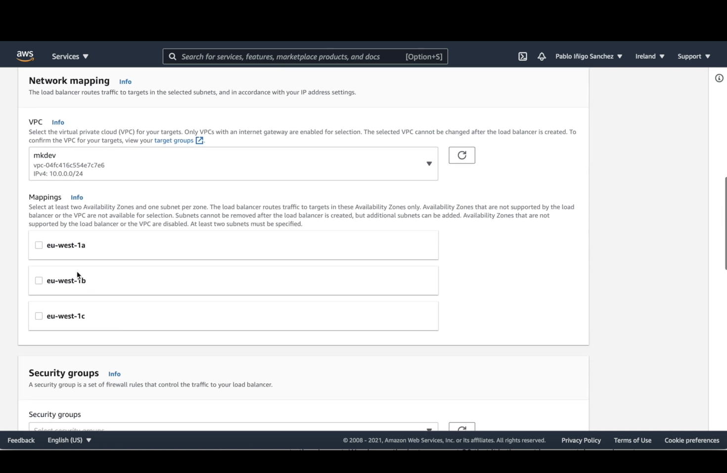 Screenshot of an AWS Management Console page showing network mapping settings for a load balancer, including sections for VPC selection and Availability Zones.