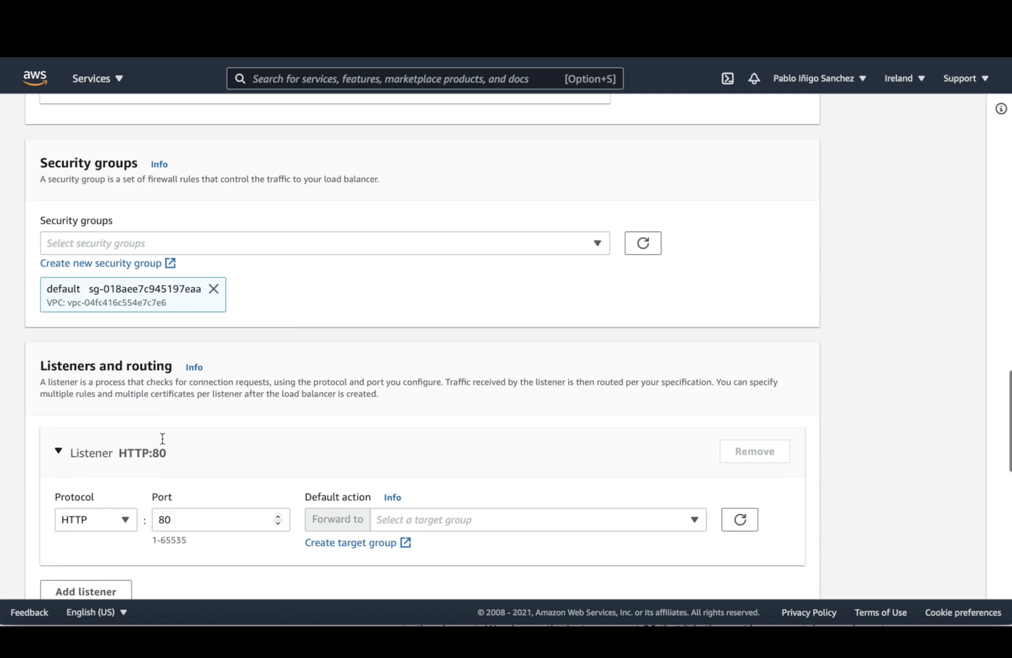 Screenshot of an AWS management console focusing on security group and listener configurations for a load balancer, with dropdown menus and information fields.