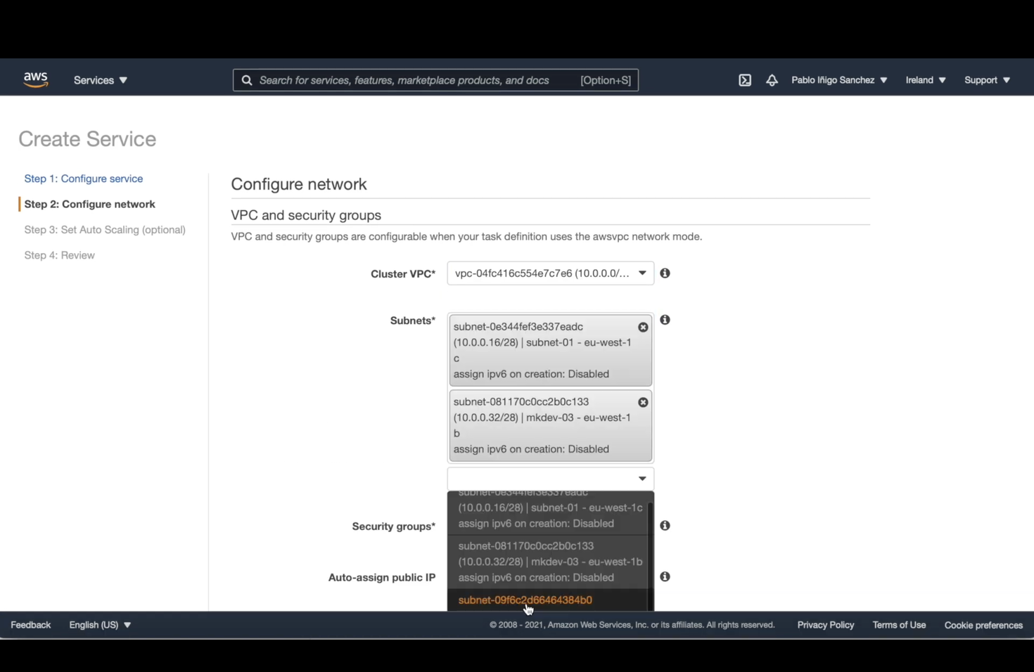 AWS management console interface showing the 'Create Service' page with steps for service configuration and network setup including selections for VPC, subnets, and security groups.
