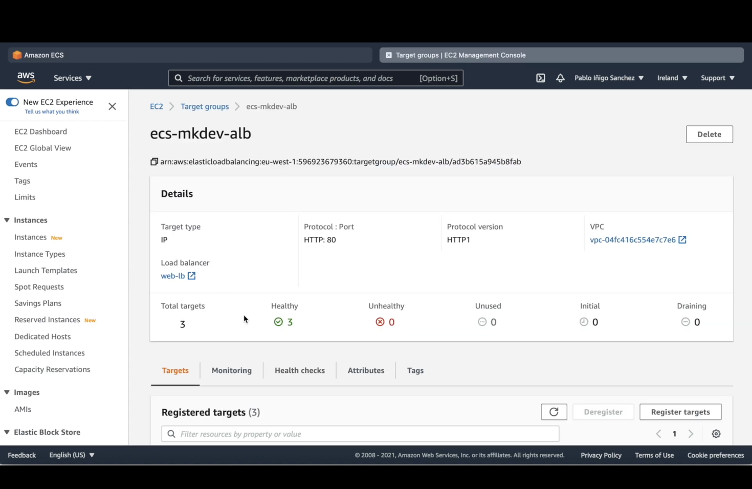 Screenshot of the Amazon ECS console showing an Elastic Load Balancer target group details with three healthy targets.