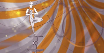 Illustration of a person in a yoga pose balancing on a tower of platforms, against an abstract orange background with dynamic lines and glowing particles.