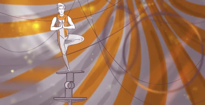 Illustration of a person in a yoga pose balancing on a tower of platforms, against an abstract orange background with dynamic lines and glowing particles.