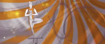 An illustrated image of a person in a tree pose on a stool against an abstract orange swirling background.