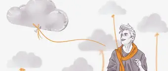 Illustration of a smiling person with a scarf looking up, with stylized clouds and a cloud connected to a string like a kite in the sky.