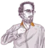 Illustration of a man with curly hair and beard, wearing glasses, a collared shirt, and adjusting his cuff. He appears contemplative or mid-gesture.
