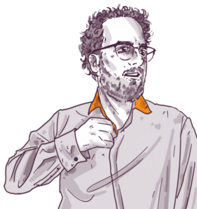 Illustration of a man with curly hair and beard, wearing glasses, a collared shirt, and adjusting his cuff. He appears contemplative or mid-gesture.