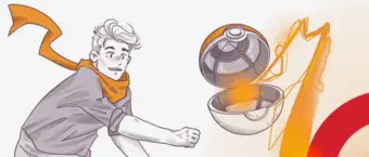 Illustration of a young person with a cape playing a futuristic sport, reaching out for a hovering metallic ball with a fiery trail.