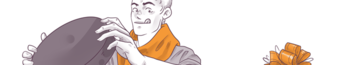 Illustration of a surprised young monk in orange robes examining a large stone, with a wrapped gift visible to the side.