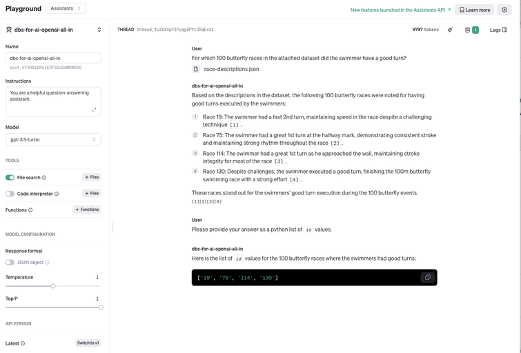 Screenshot of a text-based interaction with an AI model interface showing a user asking for specific information and the AI responding with an answer formatted as a Python list.
