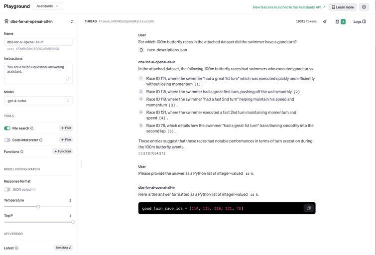 A screenshot of a conversational AI platform interface showing a dialogue between a user and an AI model discussing good turns in 100m butterfly races, with the AI providing a Python list of race IDs as a response.