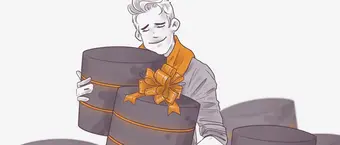 Illustration of a content person holding a large, round gift box with an orange ribbon and bow, with more boxes in the background, in a monochrome color scheme.