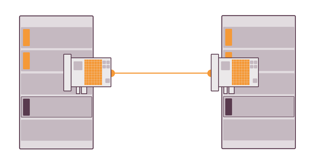 Two large, stylized server racks with central processing units connected by an orange cable, symbolizing network, data center or server room concept.