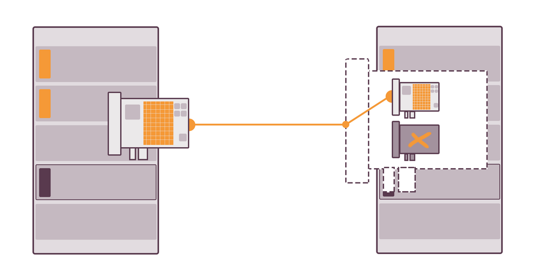 Illustration of two computer towers with a connection between them, indicating data transfer, with one server having an error symbol.