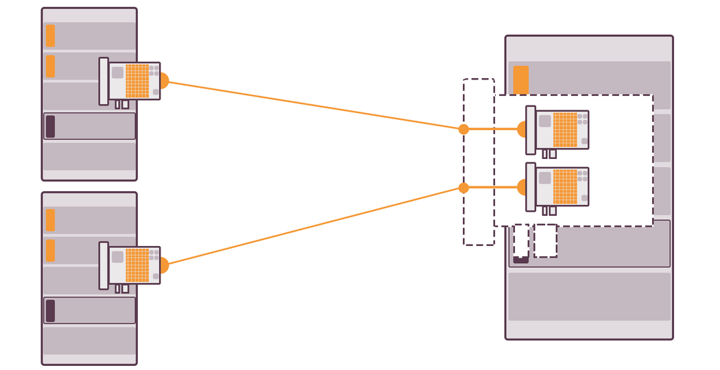 Illustration of a network topology with servers connected to a central switch, which is further linked to another set of servers within a dashed outline, suggesting a subnet or isolated network segment.