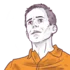 Illustration of a pensive man in an orange shirt looking upwards, white and purple tones on a dark background.