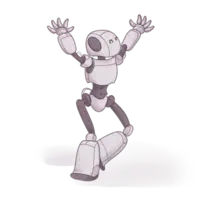 Animated character resembling a robot with a humanoid form, celebrating or cheering with arms raised, against a plain background.