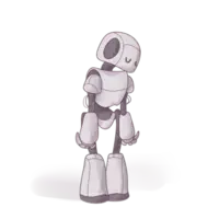 Illustration of a friendly-looking, bipedal cartoon robot with round head and white body, standing against a transparent background.