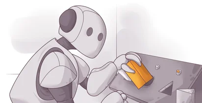 An illustration of a humanoid robot using a screwdriver on a piece of machinery with various geometric shapes and screws on the surface.