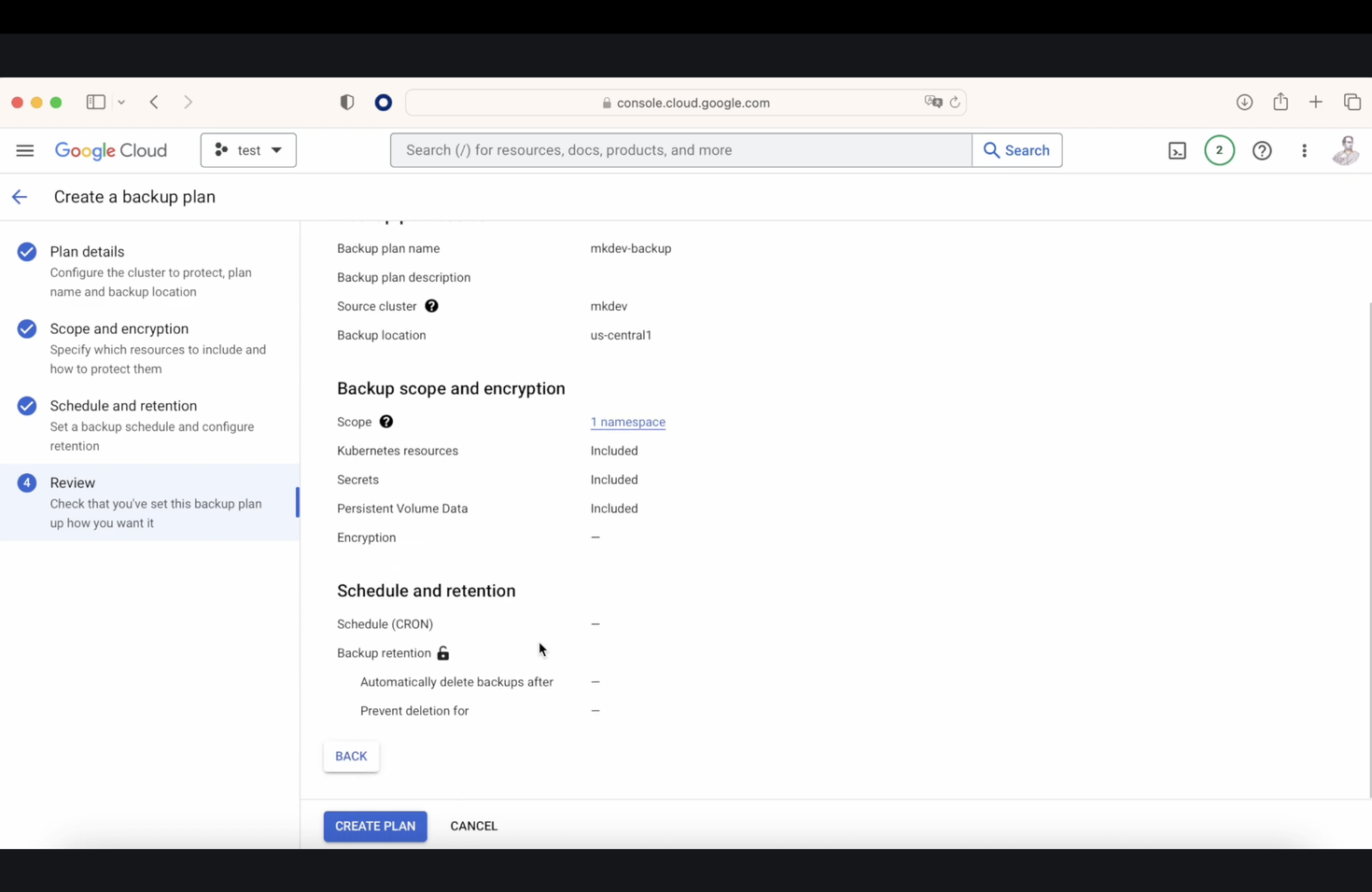 Screenshot of Google Cloud Console showing an interface for creating a backup plan with fields for plan details, backup scope and encryption, schedule and retention, and a 'CREATE PLAN' button.