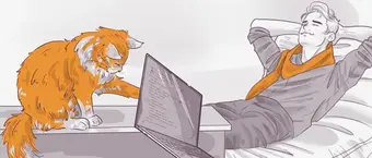 A relaxed person with hands behind head reclining next to a laptop, with an attentive orange cat looking at the laptop screen. They are both on a bed or sofa.