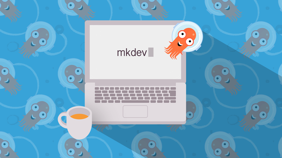 Digital illustration of an open laptop with the text "mkdev" on the screen, a cup of coffee beside it, and a pattern of cartoon octopuses in the background.