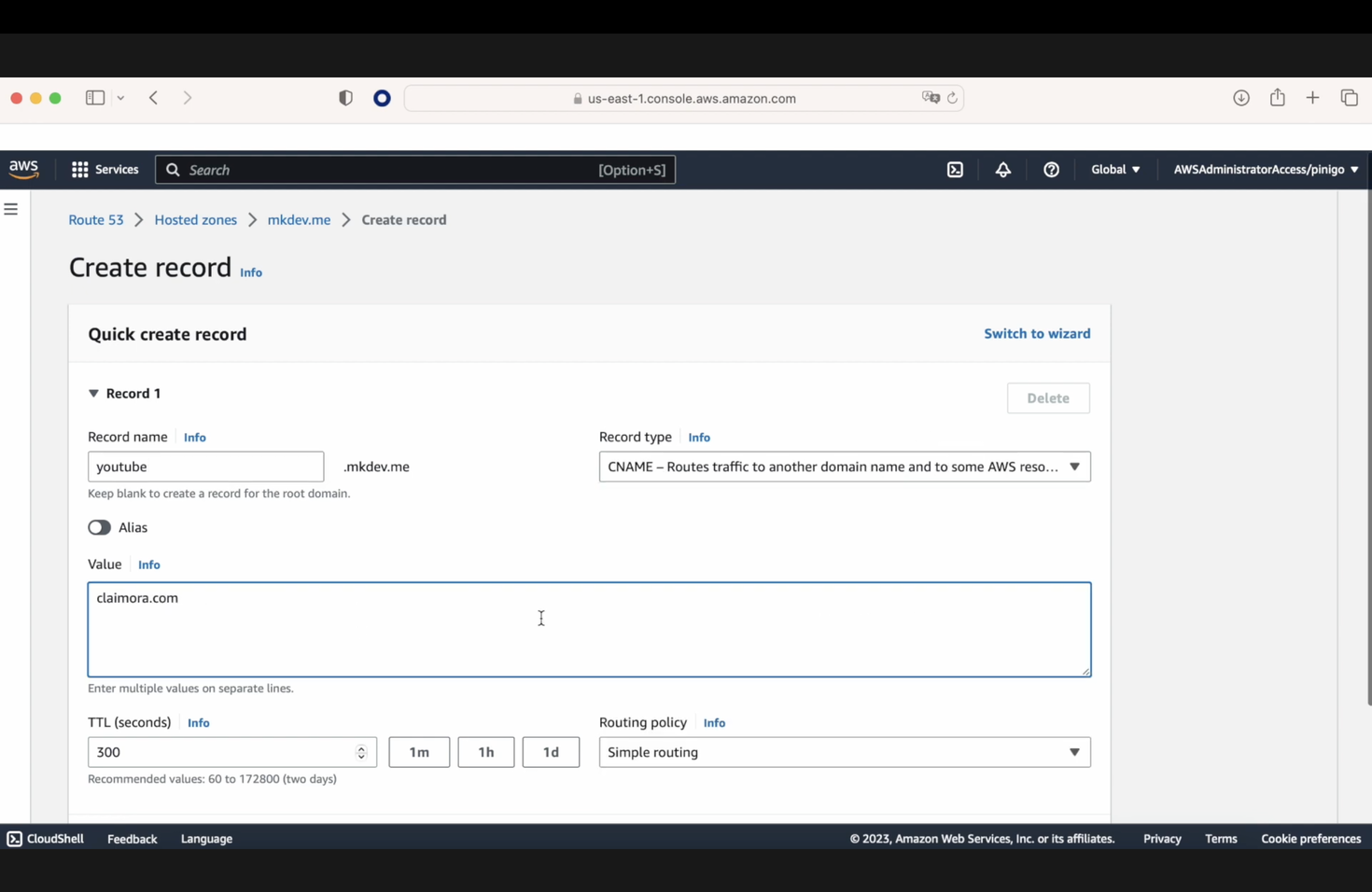 Screenshot of an AWS Route 53 'Create record' page, with fields for record name as 'youtube', type 'CNAME', and value 'claimora.com'.