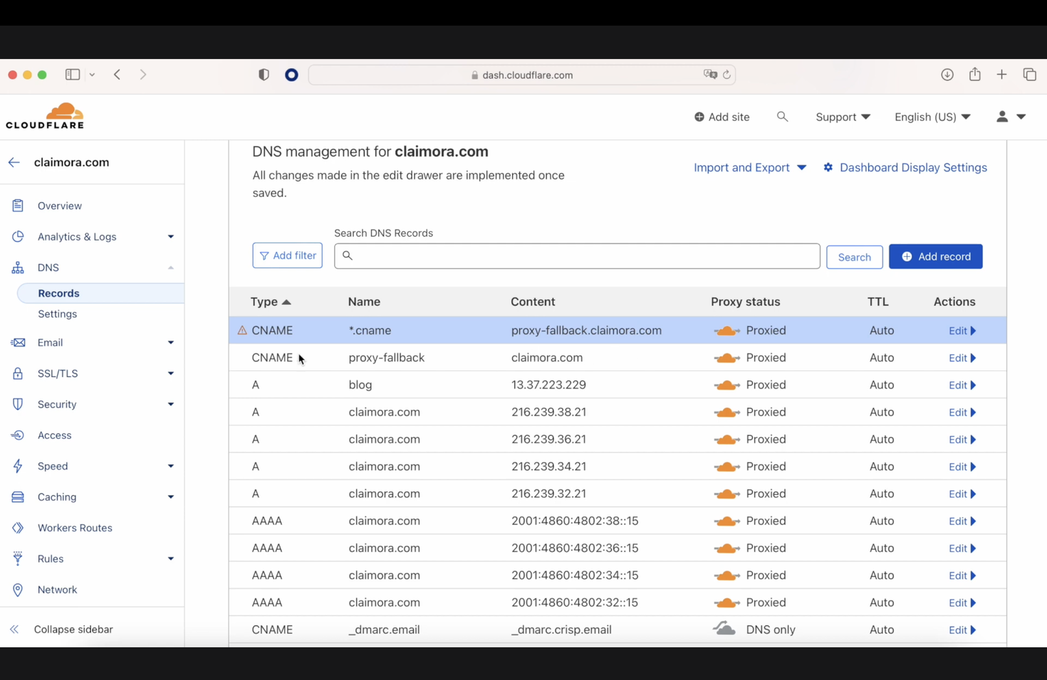Screenshot of Cloudflare DNS management page for the domain claimora.com, displaying various DNS records such as A, CNAME, and AAAA records.