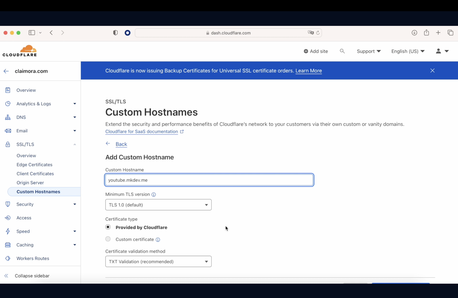 Screenshot of a Cloudflare SSL/TLS management page for adding a custom hostname with configuration options displayed.