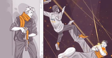 Illustration of two stylized characters: one standing with a skateboard and orange scarf; the other mid-air, wearing an "aws" branded shirt, performing tricks with glowing effects.