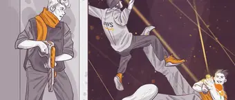 Illustration of three people in dynamic action poses, one holding a wrench, another kicking mid-air with an "aws" logo on their clothing, and the third person dodging.