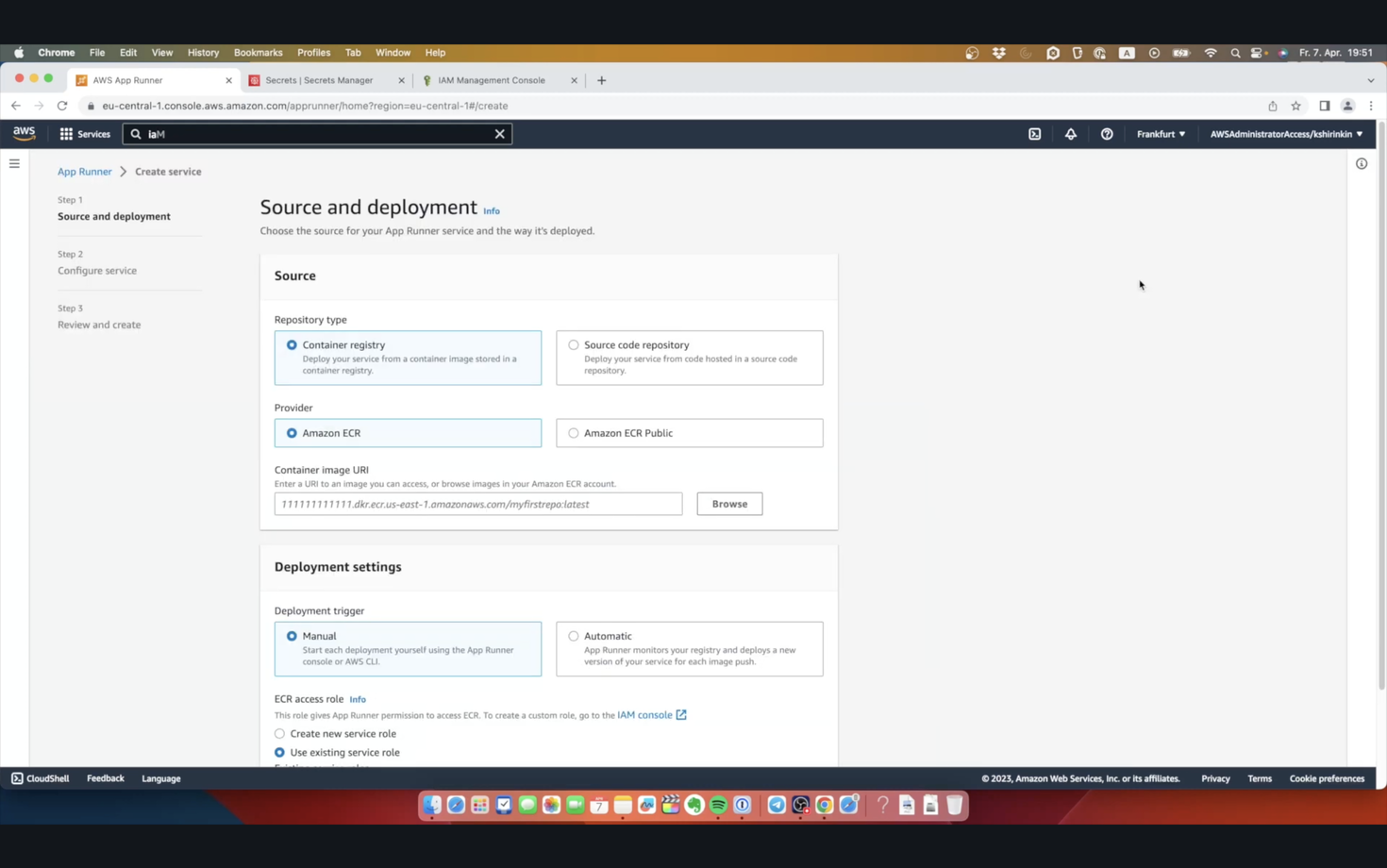 Screenshot of the AWS App Runner service creation interface with options for source and deployment settings including repository type and deployment trigger.