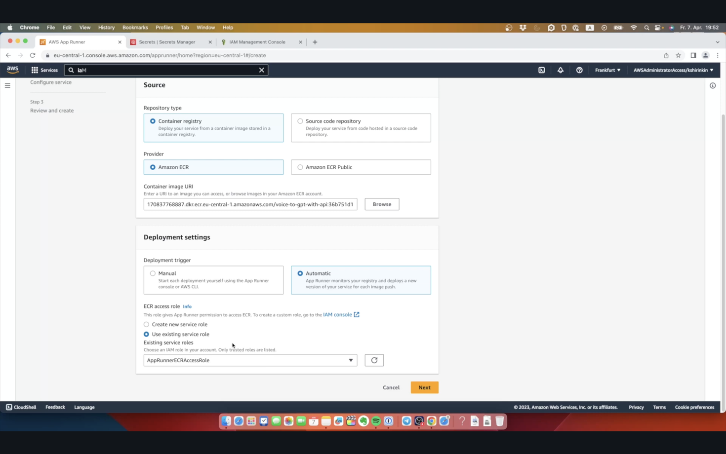 Screenshot of AWS App Runner configuration page with settings for 'Source' and 'Deployment settings' with selected options for a container registry source and manual deployment trigger.