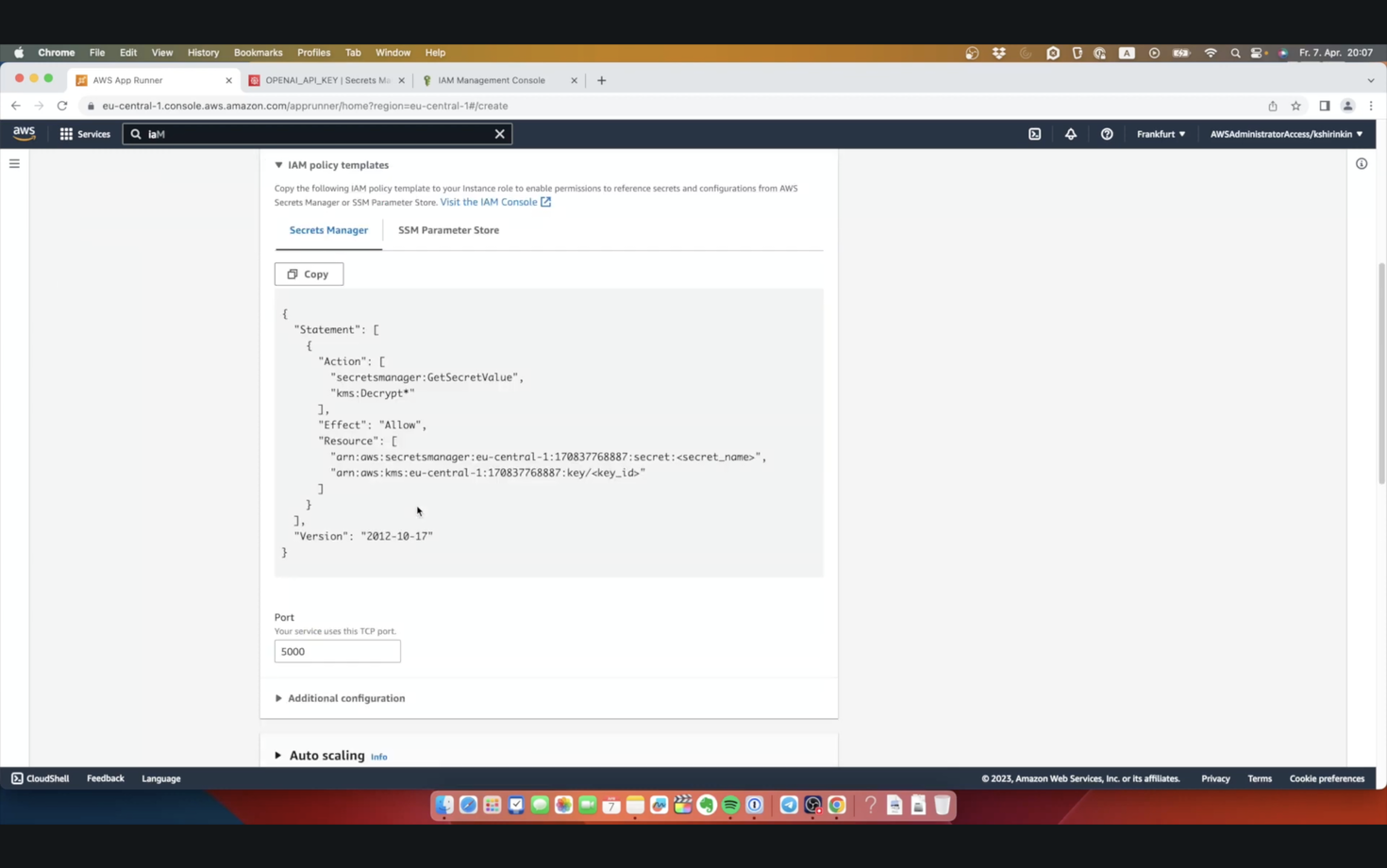 Screenshot of an AWS management console with IAM policy templates including JSON code for Secret Manager and KMS decryption services, and additional configuration details visible.