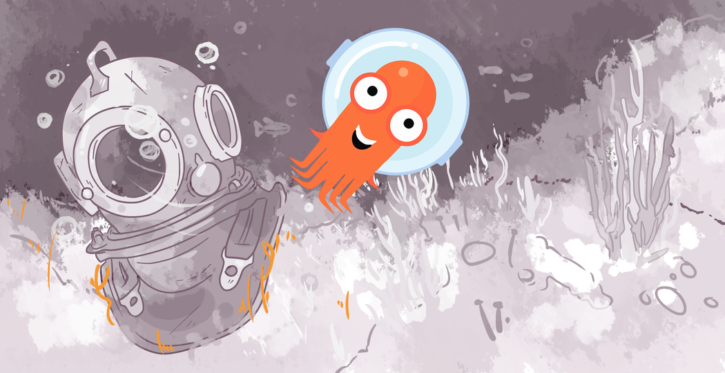 Illustration of a whimsical underwater scene featuring an orange octopus wearing an astronaut helmet next to an old-fashioned deep-sea diver's helmet, surrounded by bubbles and stylized aquatic plants.