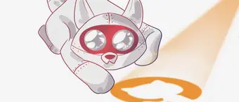 Illustration of a stylized, anthropomorphic animal in free fall, with a red mask and large, expressive eyes, against a light background with a blurry orange element.