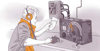Illustration of a person wearing headphones operating vintage communication equipment, adjusting knobs, and holding a paper, suggesting a radio operator or telegraphist at work.