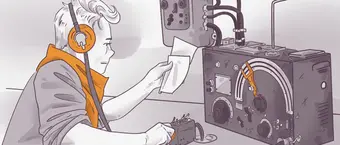 Illustration of a person wearing headphones operating vintage radio equipment and examining a document.