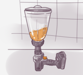 Illustration of a clear blender pitcher on top of a mechanical base with dials, set against a tiled background.