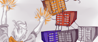 Illustration of colorful shipping containers in mid-air with partial sketch of a person's arm holding a sparkler.