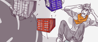Illustration of a person sitting on the ground, looking up, with colored crates floating around in a stylized sketch.